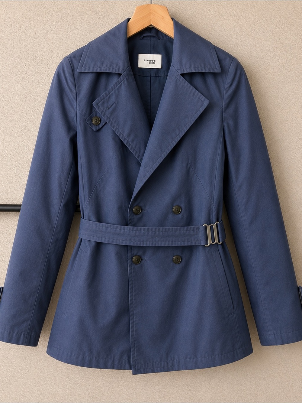 Akris Punto 55% Silk Trench Jacket Blue Belted Double Breasted Size 8
